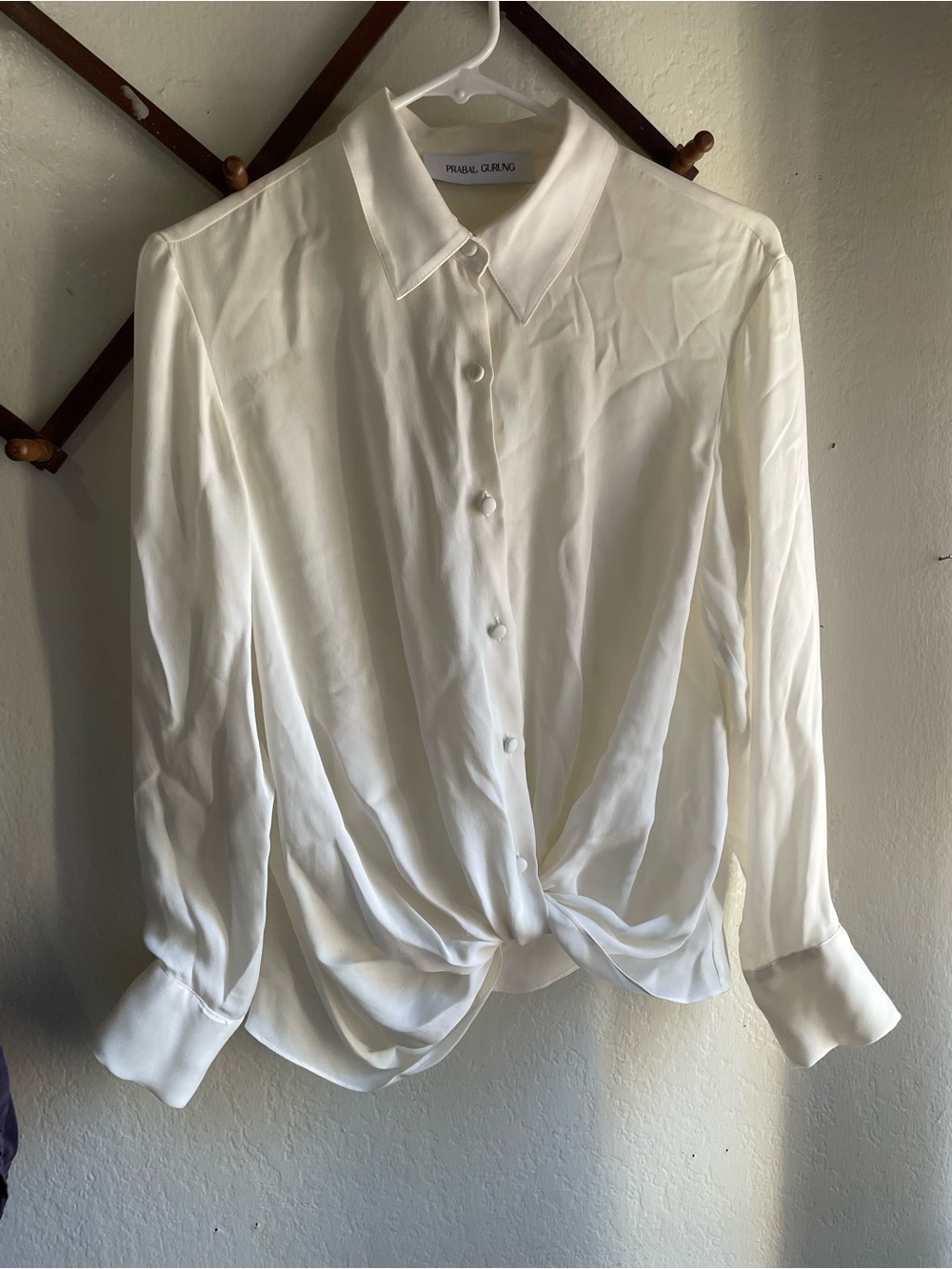 Prabal Gurung white black silk twist front long sleeve m blouse